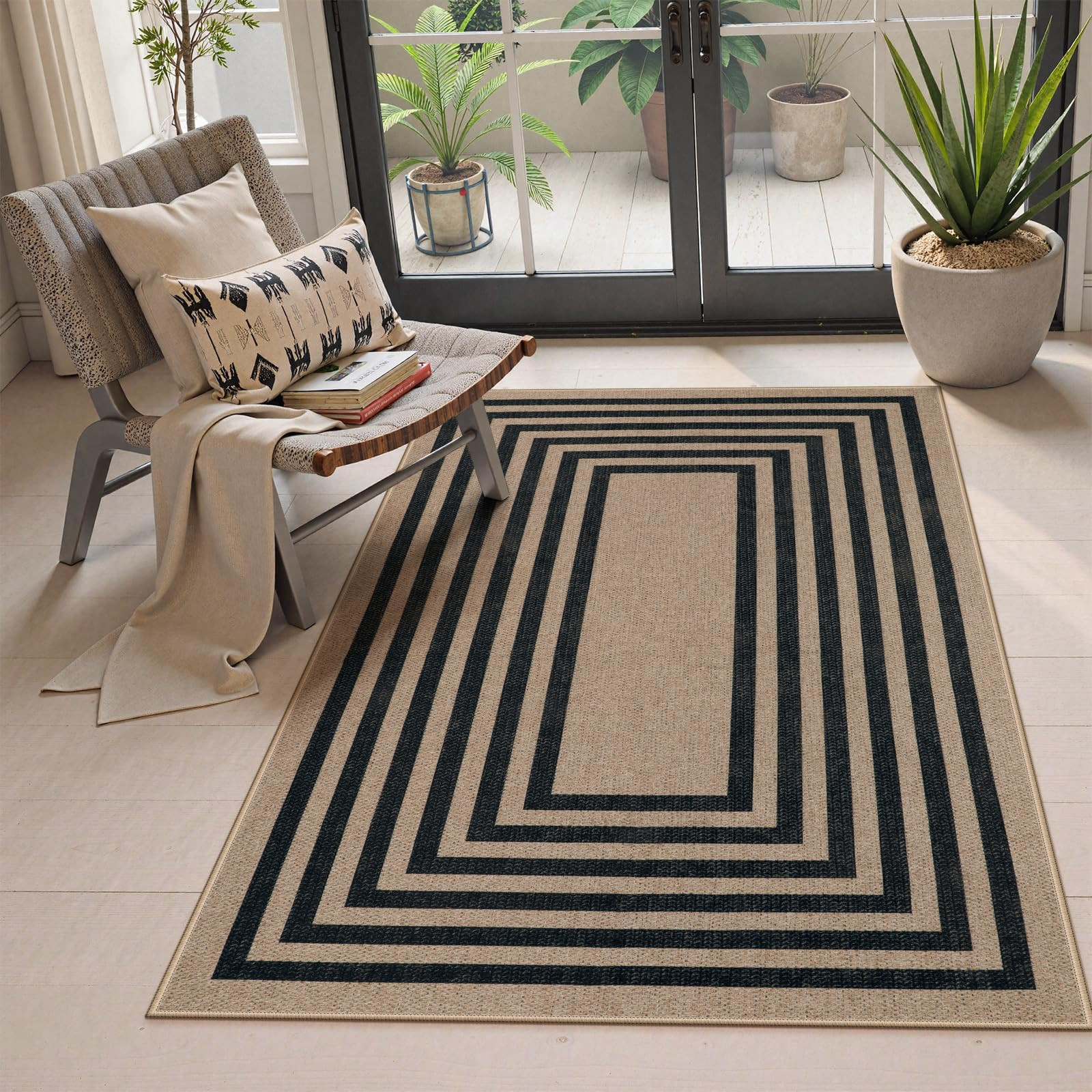 Lahome Modern Geometric Easy Jute Outdoor Rug, 3x5 Black Washable Kitchen Rugs for Bedroom Thin N... | Amazon (US)