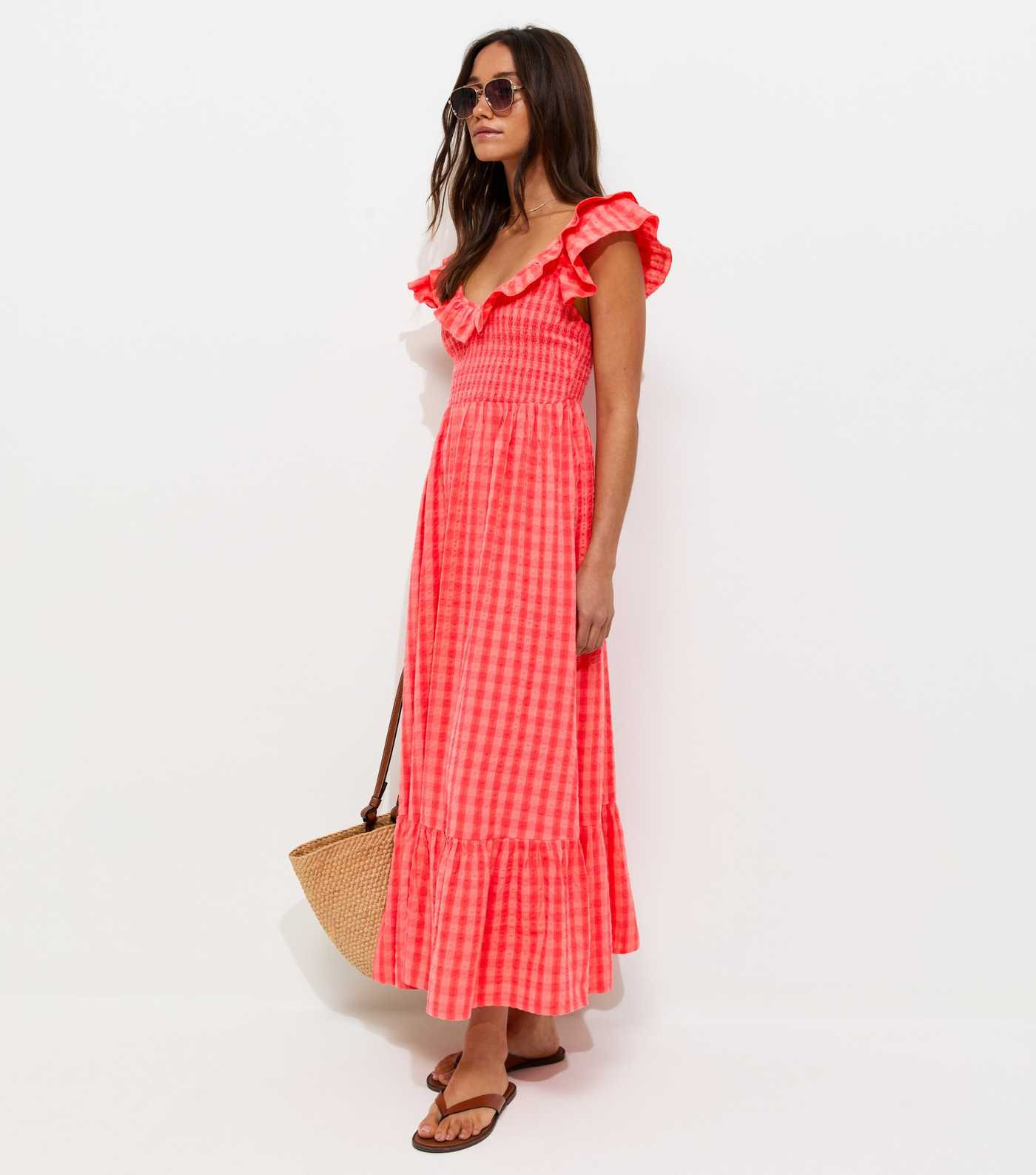 Red Cotton Gingham Ruffled Neck Midi Dress | New Look | New Look (UK)