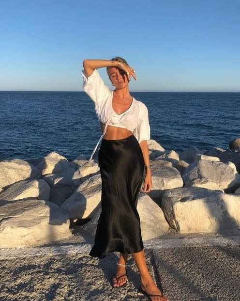 Zeagoo Satin Skirt Long High-Waisted Skirt Elegant Silk Midi Skirt (DE Only) | Zeagoo