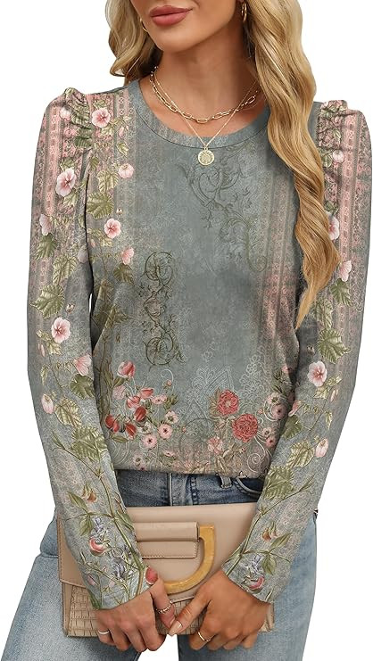 ANRABESS Womens Puff Long Sleeve Shirts Crewneck Fall Tops Basic Dressy Casual Blouses 2025 Trend... | Amazon (US)