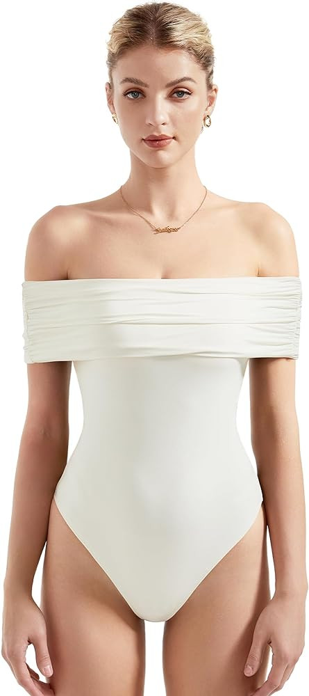 SUUKSESS Women Off the Shoulder Bodysuit Double Lined Going Out Short Sleeve Strapless Thong Body... | Amazon (US)