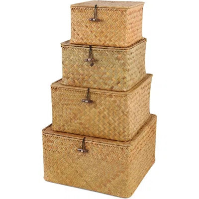Wicker Shelf Baskets With Lid, Handwoven Seagrass Storage Basket Bins Square Gift Boxes For Shelves Home Decor Organizer ,Natural, Set Of 4 | Wayfair North America