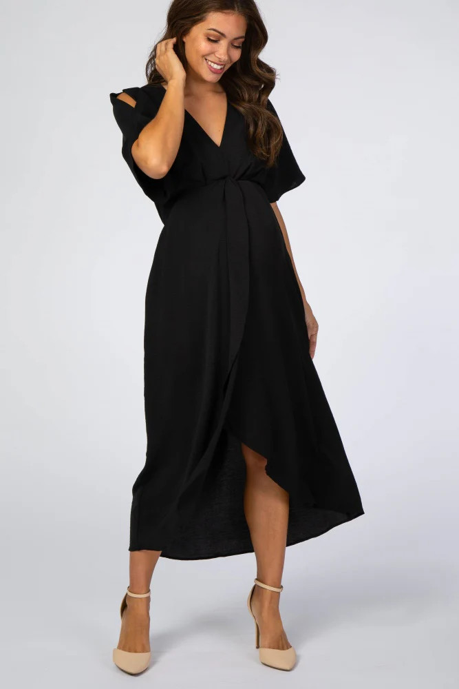 Black Open Sleeve Maternity Wrap Midi Dress | PinkBlush Maternity