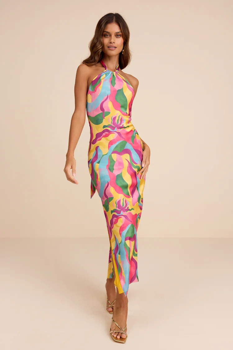Glowing Presence Yellow Multi Abstract Satin Halter Maxi Dress | Lulus