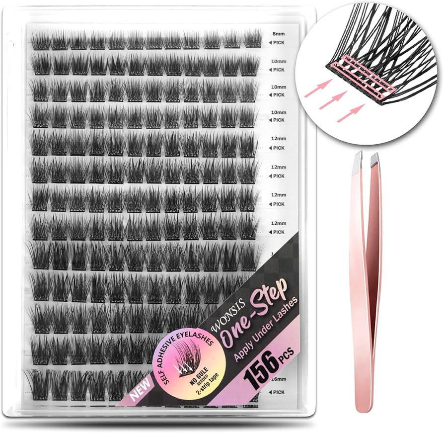 Self Adhesive Eyelashes, 156 Pcs Self Adhesive Eyelash Clusters, No Glue Needed, Invisible 2-Stri... | Amazon (US)