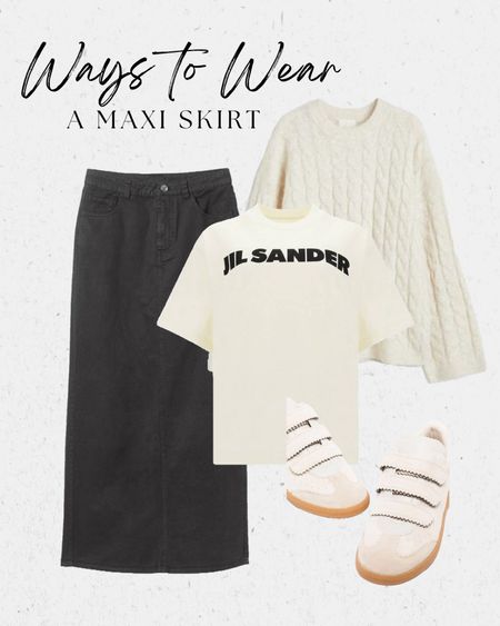 Ways to wear a maxi skirt - casual off-duty with trainers and a white t-shirt - throw a cable knit sweater over your shoulders for a touch of chic and an extra layer! 

*get 10% off my t-shirt and trainers using my Farfetch discount code - CB10 (t&cs apply) 

#maxiskirt #waystowear #howtostyle #minimalstyle 

#LTKFind #LTKunder50 #LTKstyletip