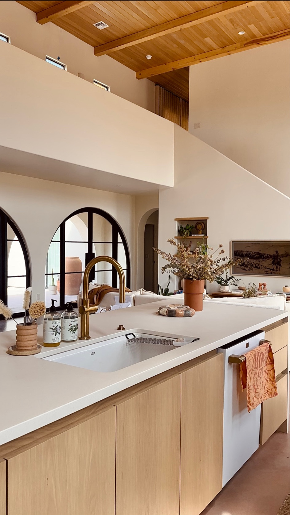 Neutral kitchen Kohler brushed gold faucet and drop in sink - kitchen makeover - kitchen renovation - light wood aesthetic kitchen - natural dish sap - kitchen counter essentials 

#LTKhome