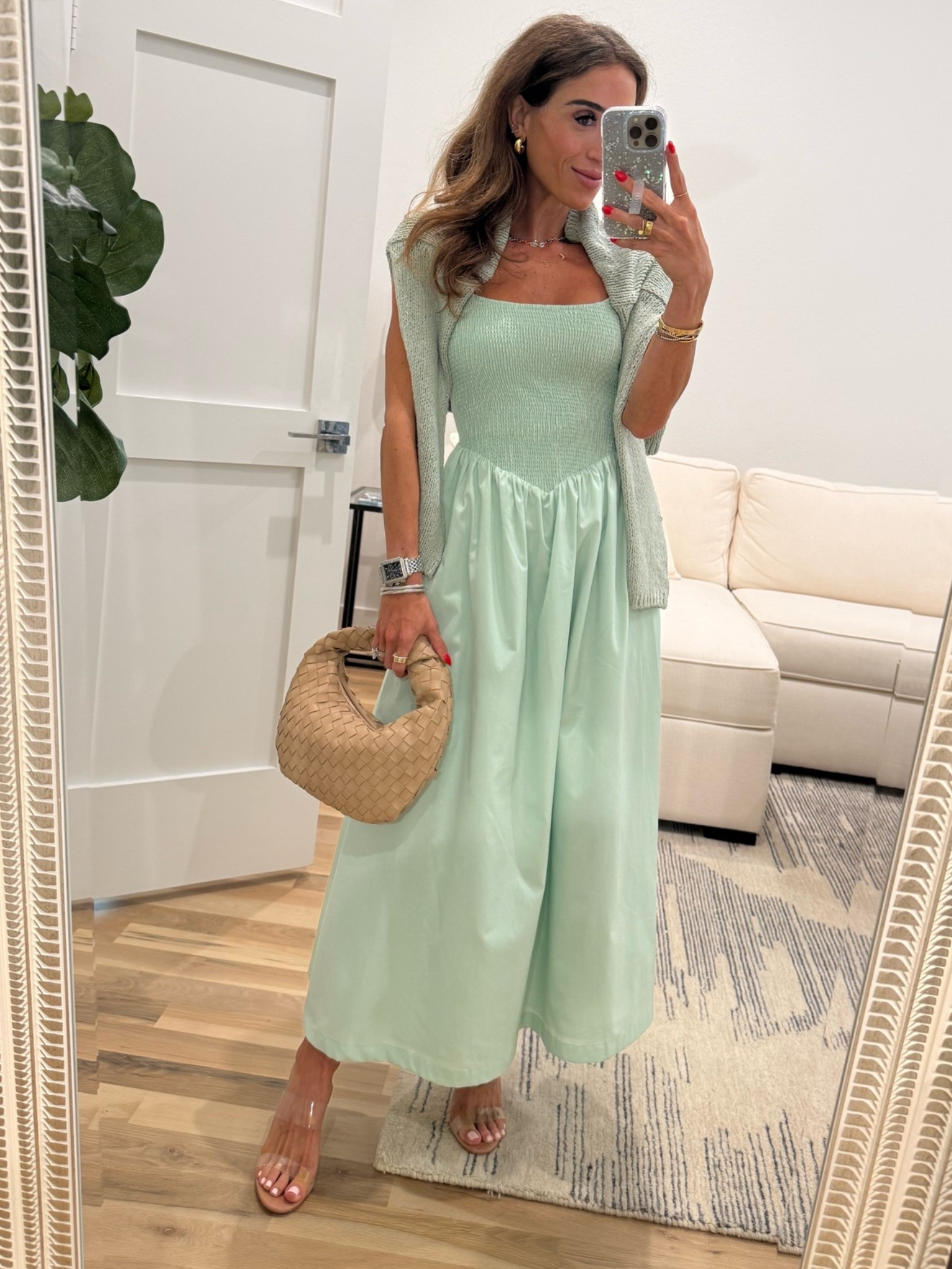 Mint green midi dress with smocked  waist- wearing xxs petites with matching cardigan layered over and my favorite clear heels. Also linked a look for less 
Summer outfit idea, date night outfit

#LTKPetite #LTKootd