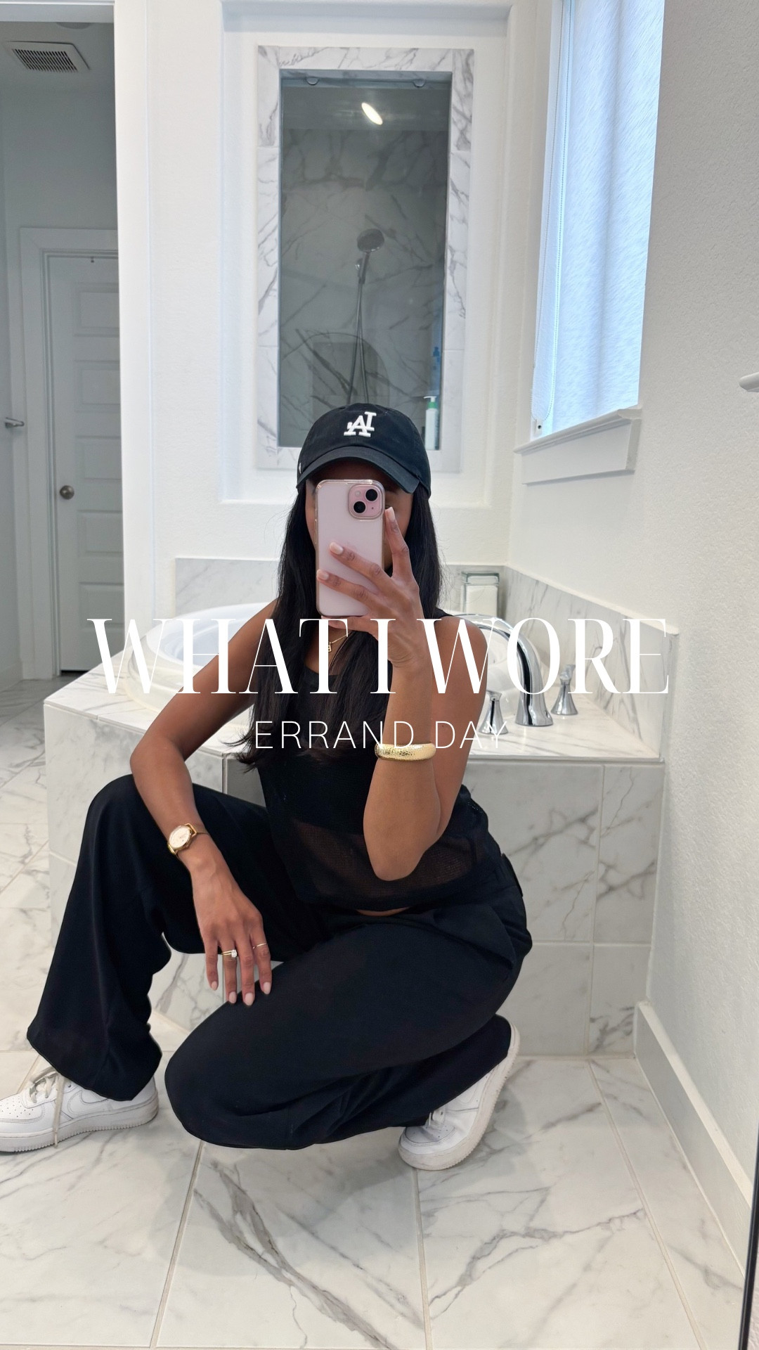 Me 🤝🏾 An all black outfit  🖤
No one’s closet is safe around me so you already know I “borrowed” a few things. (That I’ll never be returning 🤭)
Raided the hubs hat collection, snagged this mesh top from my sister  then styled it with one of my fave wide-leg trouser pants and Air Force Ones.  Today was an errand day so this lil all black look with a lil see through mesh had me feeling too cool. (Oh wow I sound like an aunty… help 😩)

Anywho - I will continue to raid my friends and family’s closets with no remorse because SUSTAINABILITY ✨

#LTKootd #LTKgrwm #LTKPetite