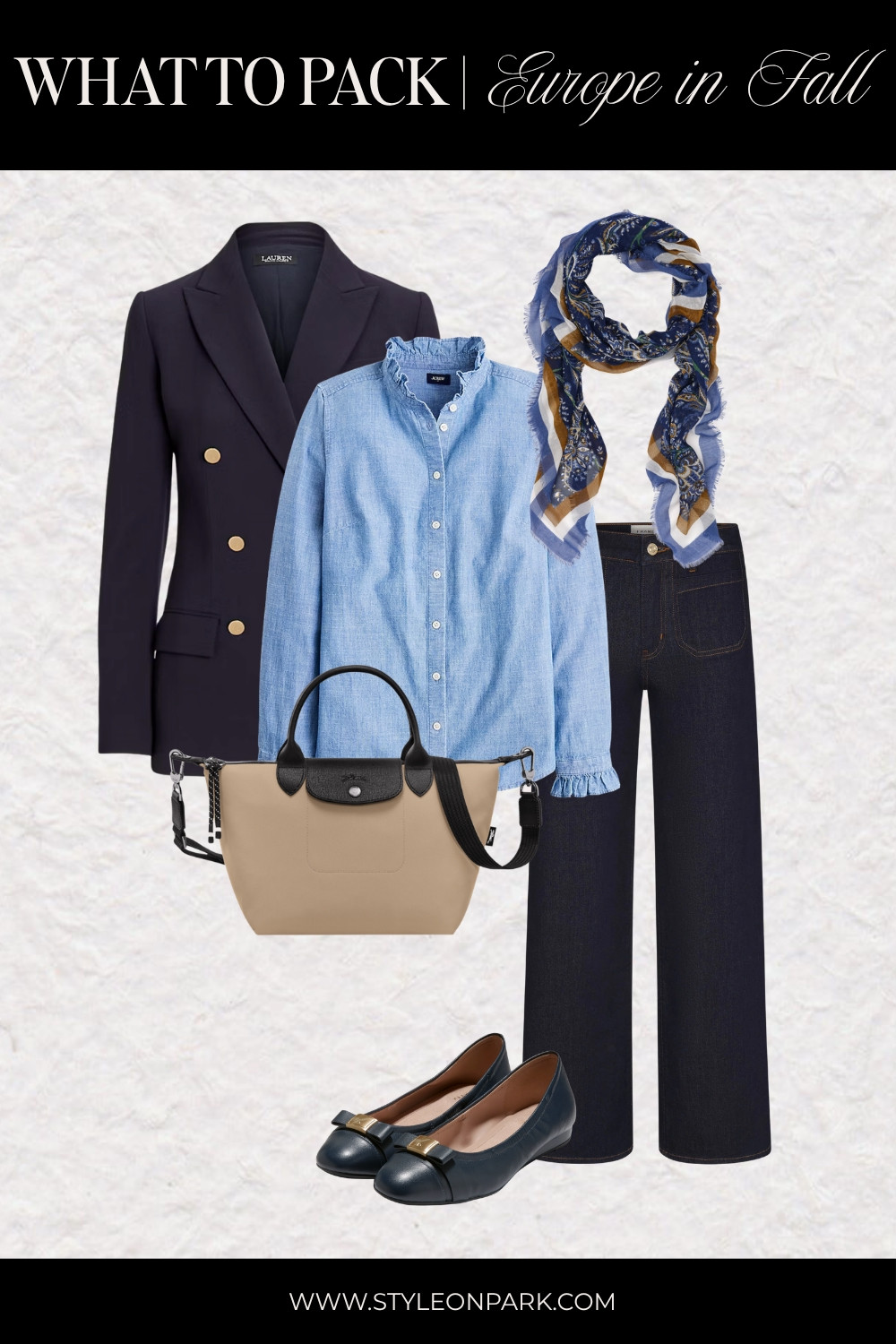 What to Pack | What to Wear This Fall blazer, ruffle trim blosue, navy trousers, ballet flats, tote bag and scarf 

 #LTKootd #LTKWorkwear #LTKTravel