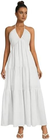 OYOANGLE Women's Summer Beach Halter Sundress Formal Wedding Guest Dress Backless Flowy Vacation ... | Amazon (US)