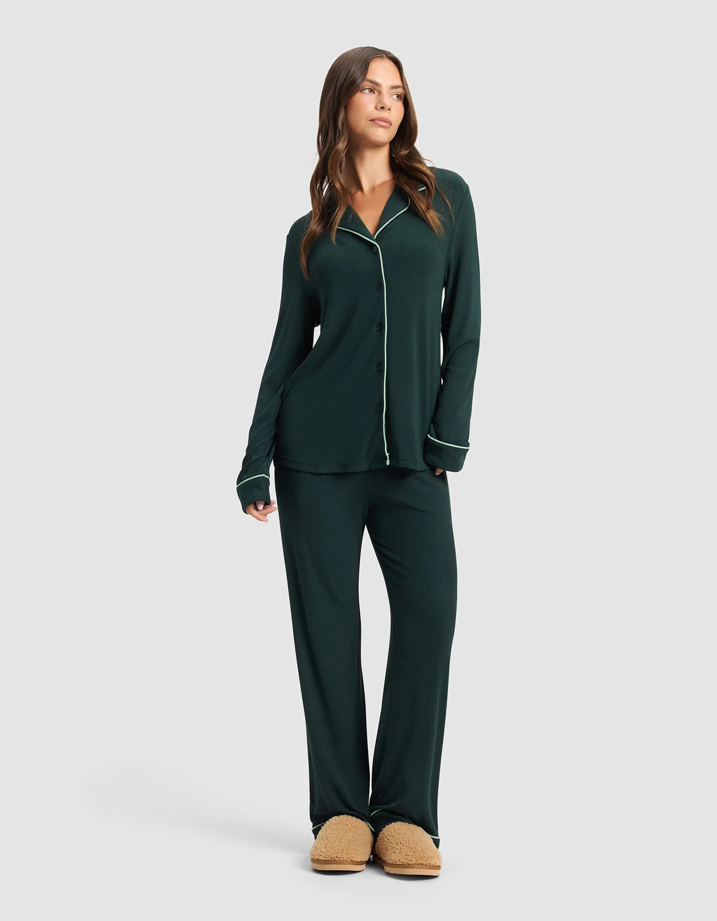 Women's Bamboo Viscose Rib-Knit Classic Long Sleeve Shirt Pajama Set in Spruce (Size: Small) - Cozy Earth | Cozy Earth