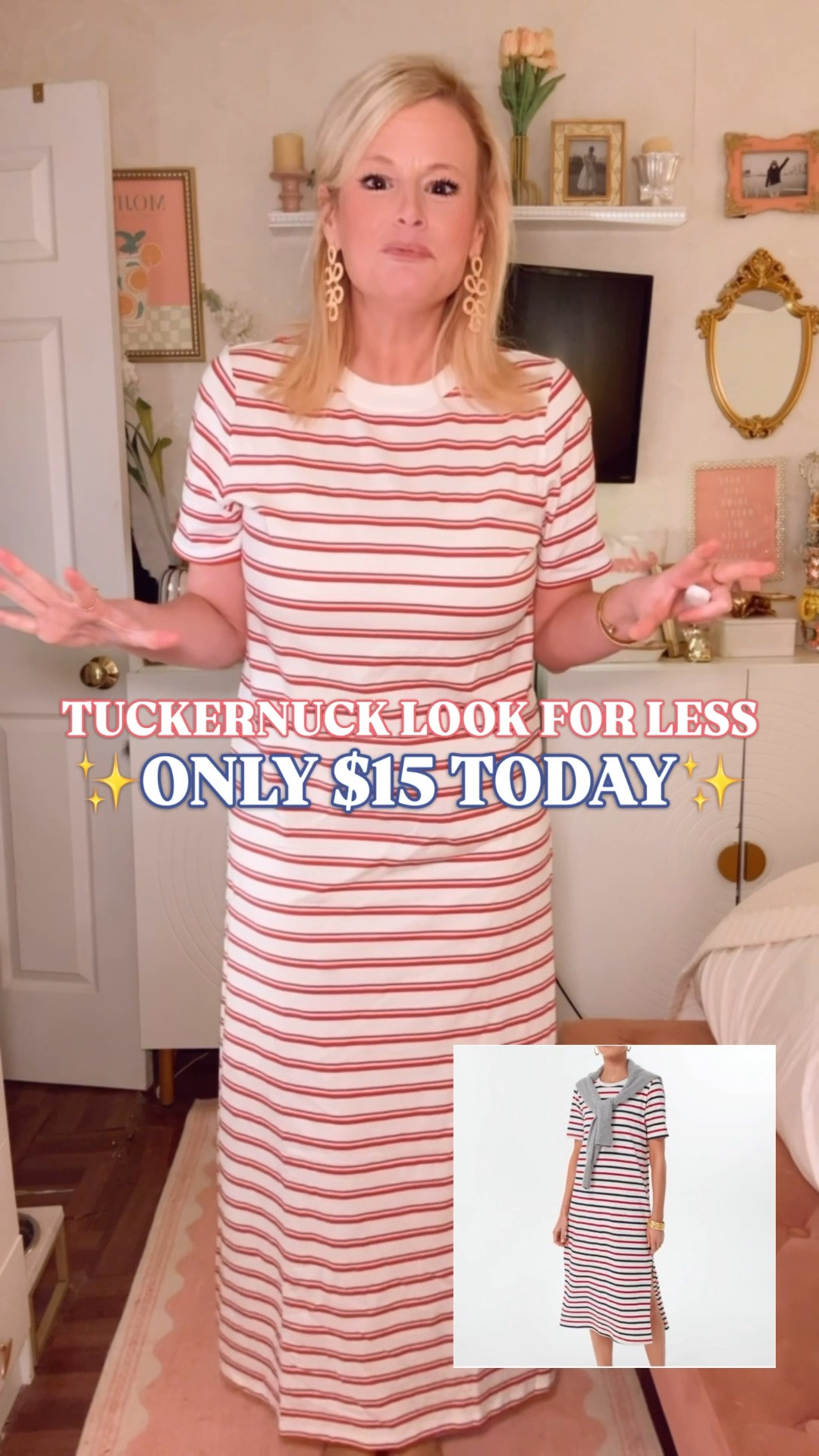 Tuckernuck Americana stripe dress look for less, Old Navy dress, Memorial Day outfit

This Old Navy maxi dress is giving the $118 Tuckernuck Pomander Place Americana Stripe Gio Maxi Dress look for less, and it is only $15 today for Memorial Day.

The red and white stripe, easy crewneck t-shirt silhouette, relaxed maxi length, short sleeves, and 100% cotton jersey make it one of those throw-on summer dresses that still feels polished in a preppy Americana way.

I’m in my true size medium. It fits true to size with a relaxed, comfortable fit.

This is such a good Memorial Day sale find because it works now and keeps working all summer: Memorial Day outfit, Fourth of July outfit, patriotic outfit, beach weekend dress, lake outfit, vacation dress, casual summer dress, travel day outfit, school pickup outfit, errands outfit, cookout outfit, fireworks outfit, coastal casual outfit, and easy weekend dress.

Style it with red sandals, white sneakers, a denim jacket, gold hoops, a boat tote, raffia bag, baseball cap, or a sweater over your shoulders for that Tuckernuck-inspired Americana summer look.

If you’re searching for Tuckernuck look for less, Tuckernuck Pomander Place dress look for less, Americana stripe dress, red stripe maxi dress, Old Navy dress, Old Navy sale, Memorial Day sale, Memorial Day outfit, Fourth of July outfit, patriotic outfit women, summer dress women, cotton maxi dress, t-shirt dress women, vacation dress, casual summer outfit, preppy style, coastal style, designer look for less, or affordable summer dresses, this $15 Old Navy find is the one to check today.

#LTKFindsUnder50 #OldNavyFinds #OldNavyStyle #TuckernuckStyle #LookForLess #MemorialDaySale #MemorialDayOutfit #FourthOfJulyOutfit #PatrioticOutfit #AmericanaStyle #SummerDress #PreppyStyle

#LTKWorkwear #LTKSaleAlert #LTKSeasonal