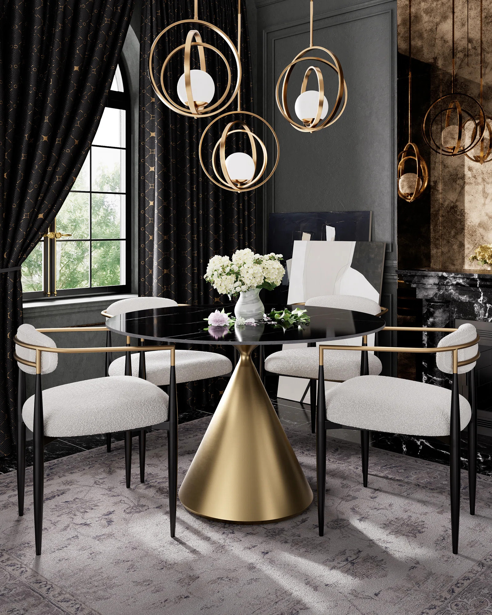 47" Round Faux Marble Dining Set with 4 Dining Arm Chairs for Kitchen, Dining Room | Wayfair North America