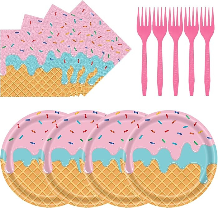 75 Pcs Ice Cream Party Supplies, 7 Inch Dessert Plates, Forks, Napkins for Summer Birthday Party,... | Amazon (US)