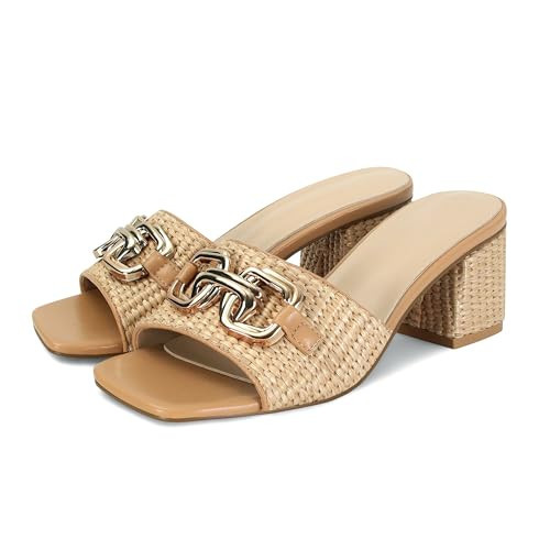 SOVANYOU Chunky Heel Raffia Mules for Women Square Open Toe Slip on Sandals with Metal Chain Comfortable Block Heel Dressy Wedding Guest Shoes | Amazon (US)