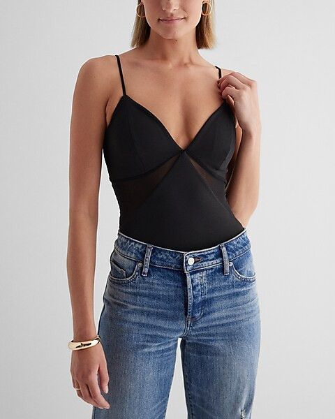 Body Contour High Compression V-Neck Mesh Cutout Bodysuit | Express