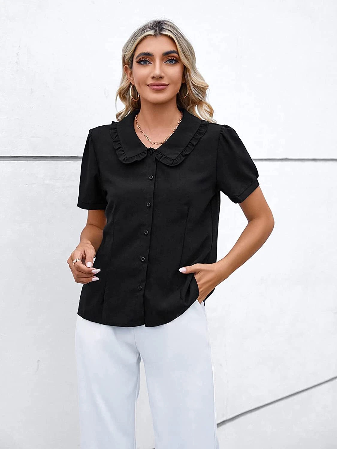 MINTLIMIT Women's Peter Pan Collar Short Sleeves Shirt Tops Button Work Blouse | eBay US