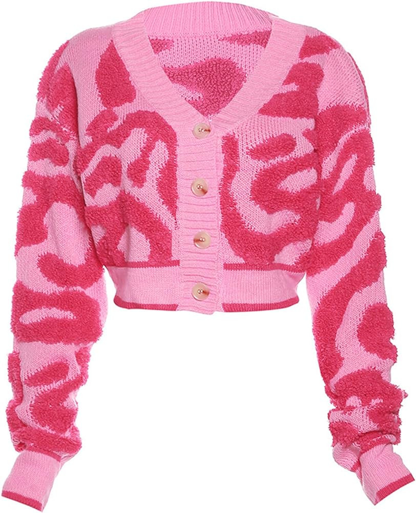 Perbai Womens V Neck Button Down Long Sleeve Colorblock Y2K Cropped Cardigan Sweater Jacket | Amazon (US)