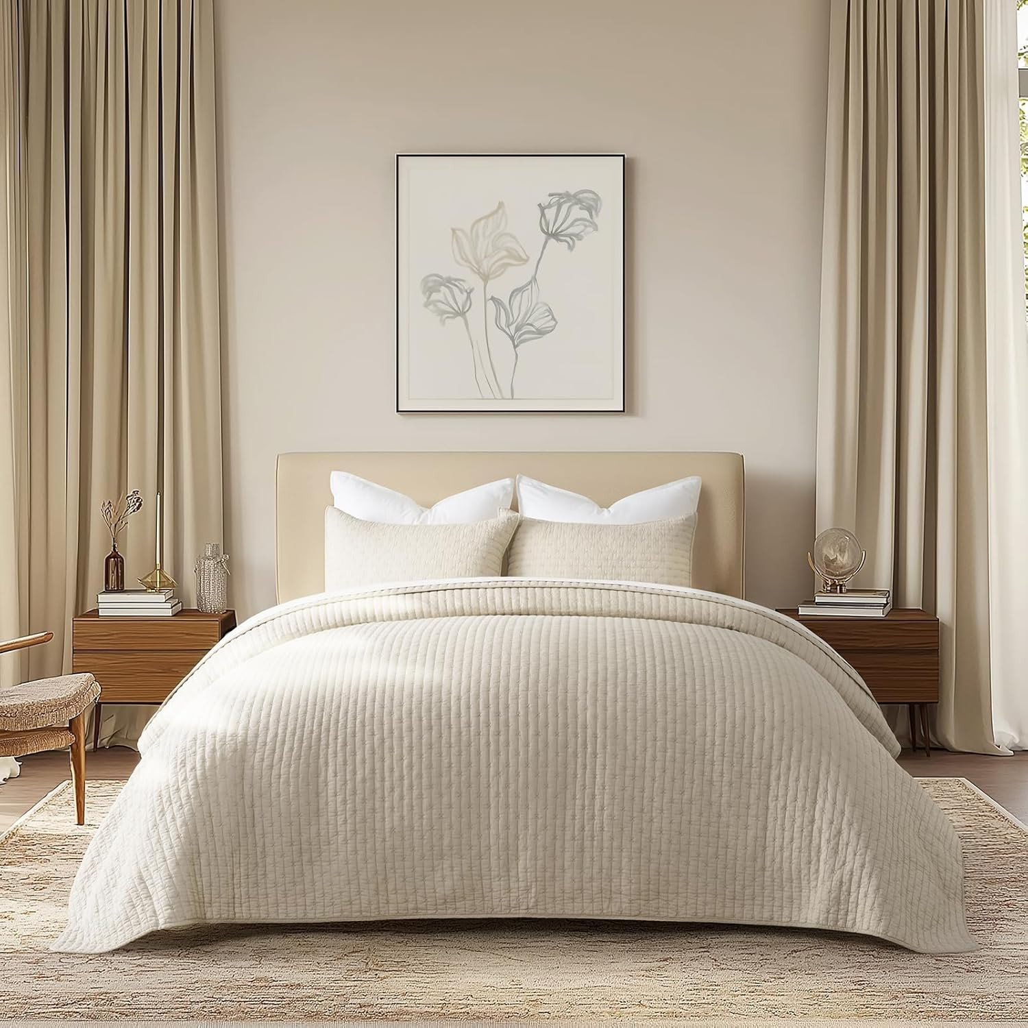 100% Cotton Cross Stitch 3-Piece Quilt Set, Queen, Flax Beige | Amazon (US)