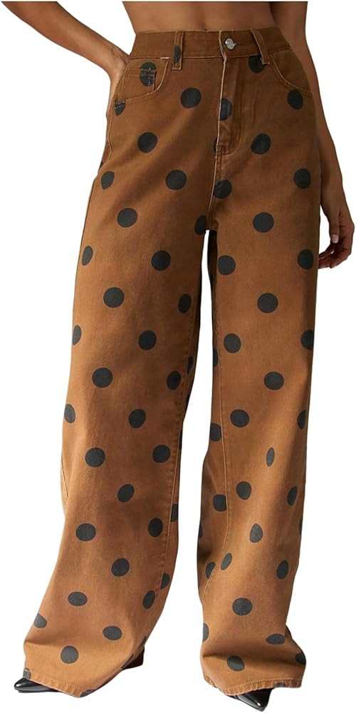 WDIRARA Women's Polka Dots Baggy Jeans Y2K Vintage Wide Leg Denim Pants with Pockets | Amazon (US)