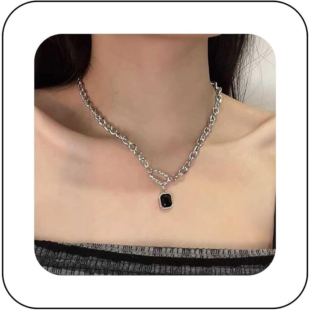 Boho Black Square Gemstone Choker Necklace Black Onyx Pendant Necklace Vintage Square Crystal Nec... | Amazon (US)
