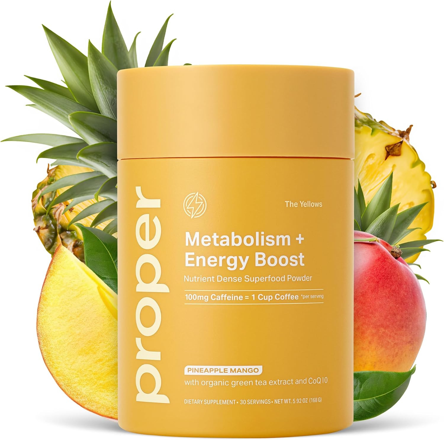 Proper, The Yellows Metabolism and Energy Boost, Sugar Free Energy Drink Powder with 100mg Caffeine. No Creatine or Beta-Alanine. 30 Servings, Pineapple Mango Drink Mix for Men and Women | Amazon (US)