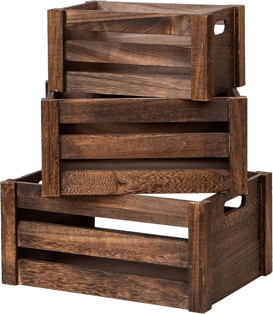 Set of 3 Nesting Wooden Crates, Small Rustic Farmhouse Wood Storage Boxes with Handles, Stackable... | Amazon (US)