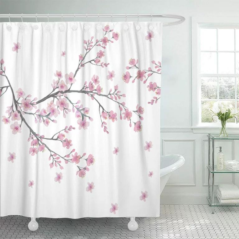 CYNLON Green Branch of Cherry Blossom Flowers Watercolor Painting Pink Bathroom Decor Bath Shower... | Walmart (US)