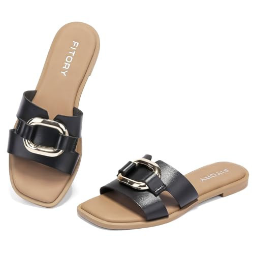 FITORY Women's Flat Sandals Fashion Square Open Toe Slides With Metal Chain Slippers for Summer Size 8.5 Black | Amazon (US)