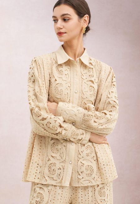 Cutwork Embroidery Eyelet Cotton Shirt and Pants Set in Light Tan for Retro Themed Gatherings & A... | Chicwish