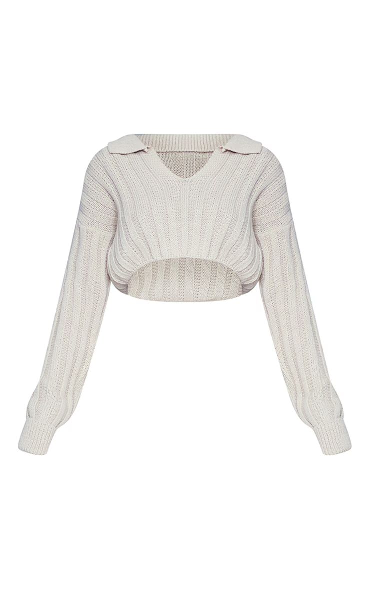 Oatmeal Wide Rib Knitted Collar Sweatshirt | PrettyLittleThing US