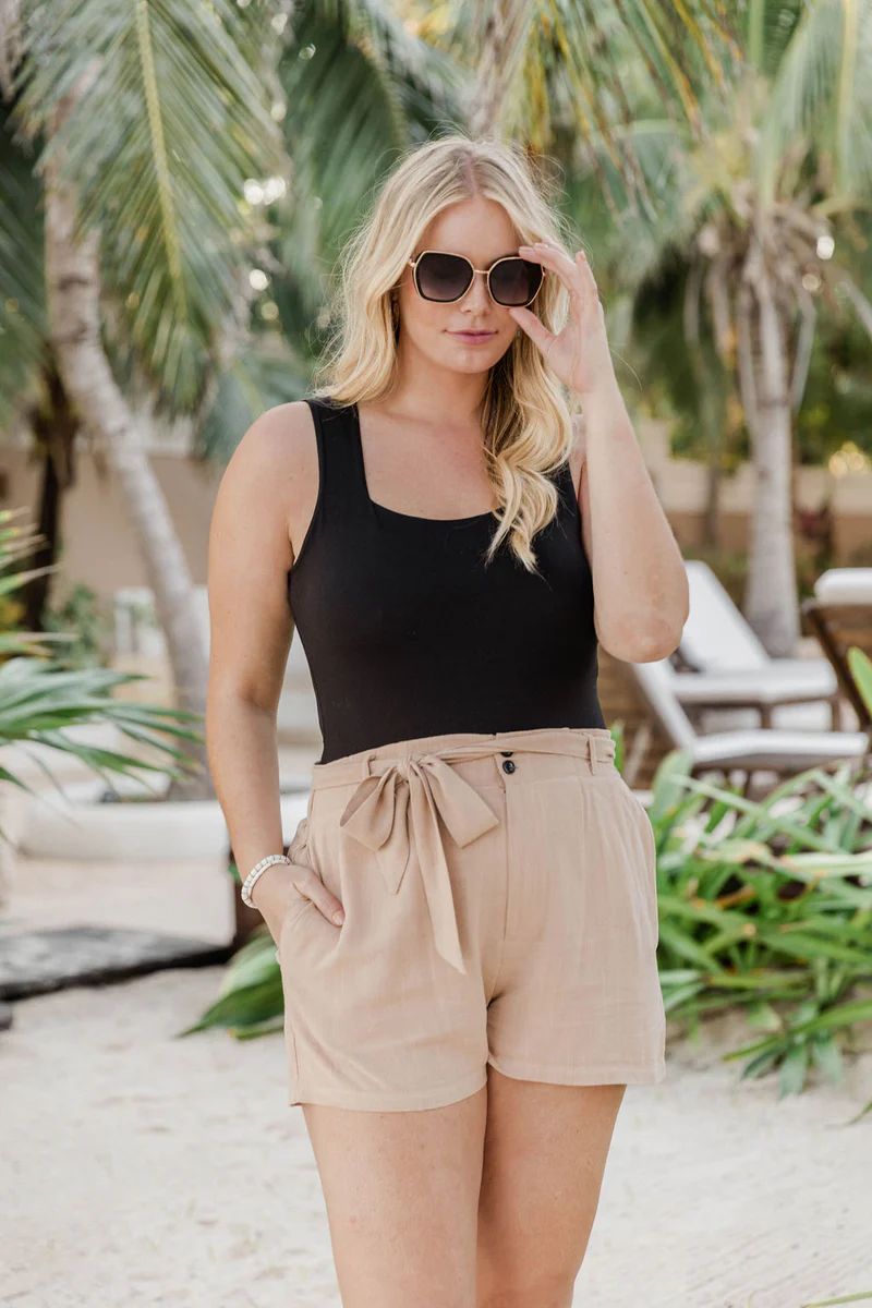 Bayside Stroll Tan Paperbag Linen Shorts | Pink Lily