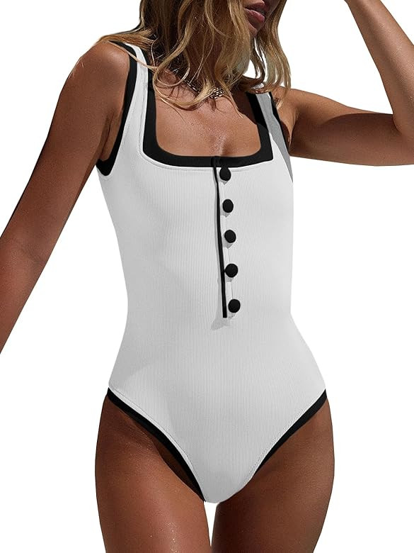 Saodimallsu Womens One Piece Swimsuit Vintage Ribbed Slimming High Cut Color Block Button Square ... | Amazon (US)
