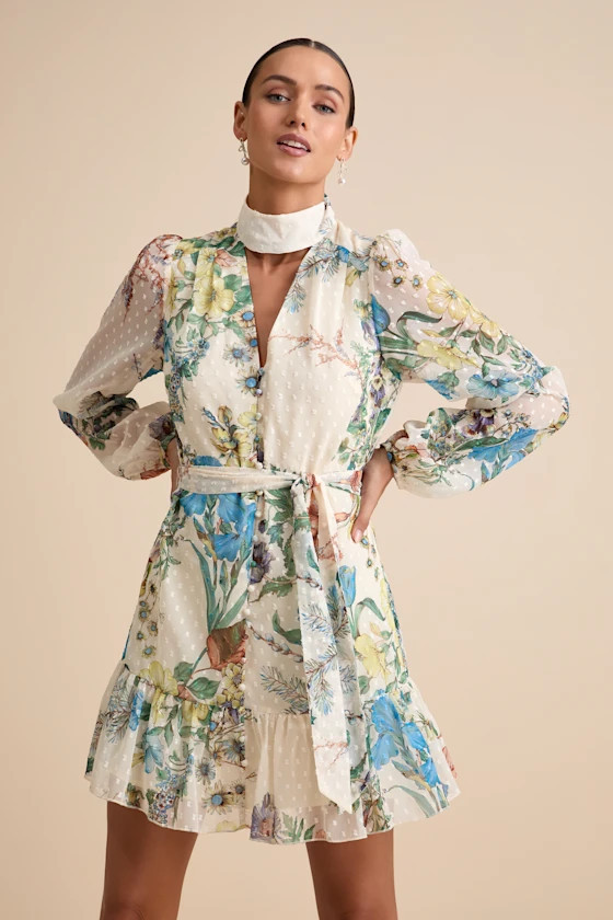 Ayame Ivory Floral Swiss Dot Balloon Sleeve Mini Dress | Lulus