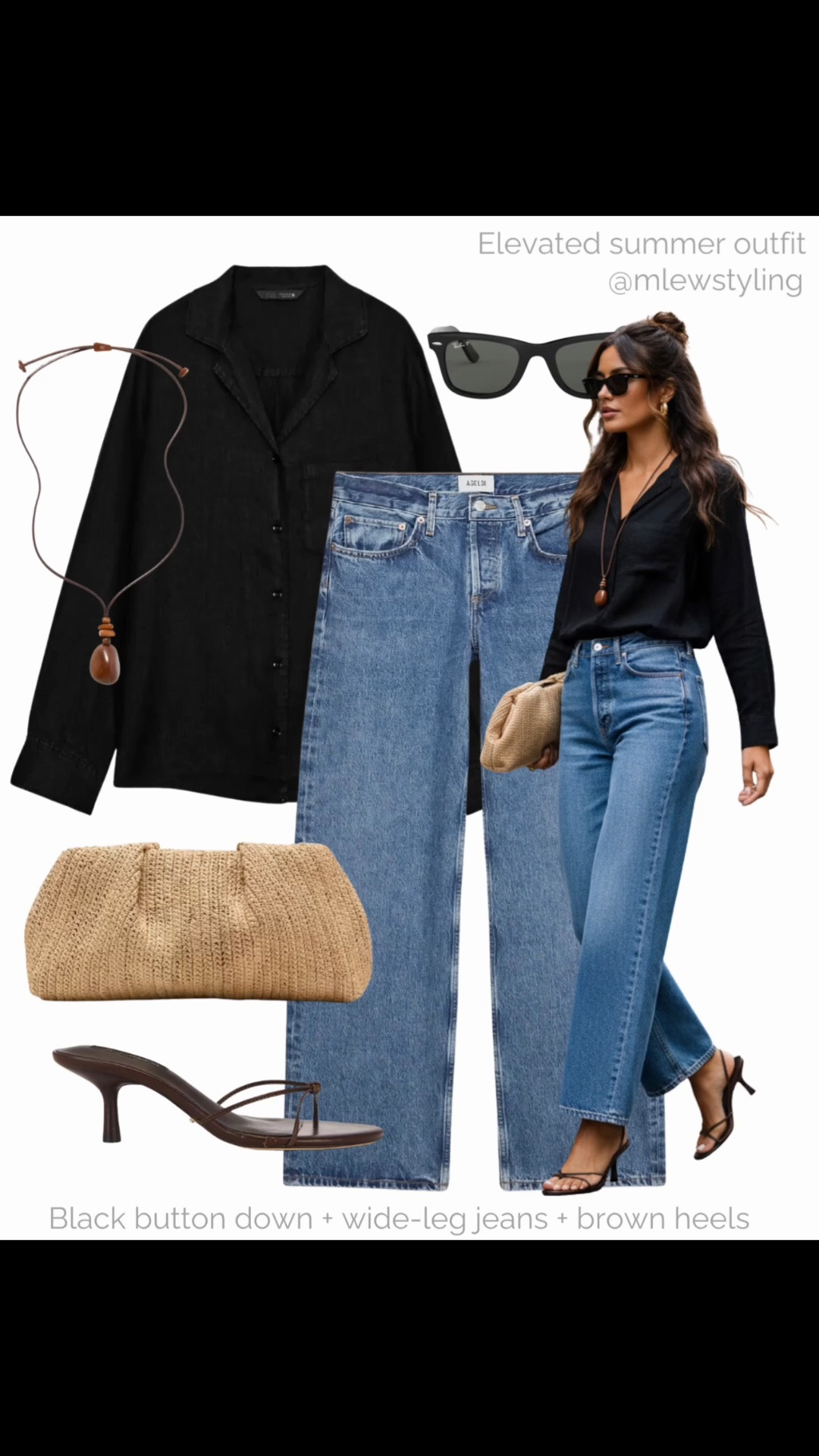 Elevated outfit with a black linen shirt and wide leg jeans ✨

Tags: neutral summer outfit, agolde low rise denim, raffia clutch bag, Zara button down, kitten heel sandals, pendant necklace, rayban wayfarer sunglasses