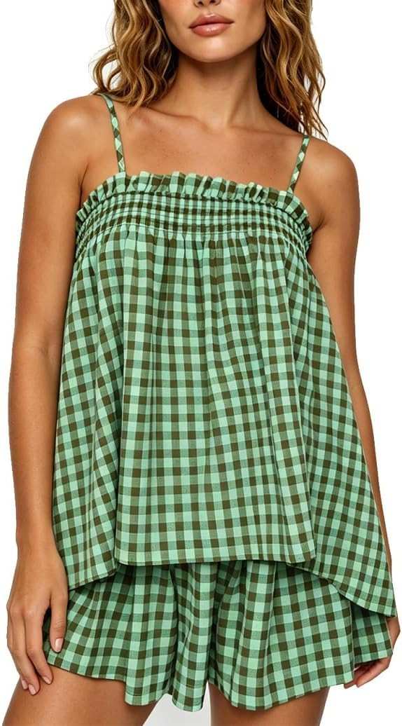 Lordree Women Striped Pajama Set Ruffle Hem Spaghetti Strap Cami Top Wide Leg Shorts Set Y2k 2 Pi... | Amazon (US)
