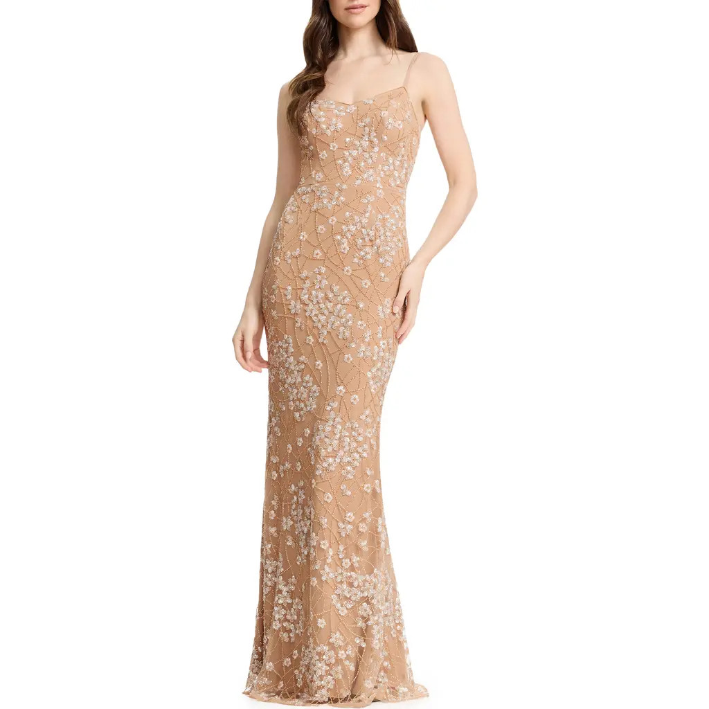 Dress the Population Giovanna Beaded Floral Sheath Gown in Champagne Multi at Nordstrom, Size Small | Nordstrom
