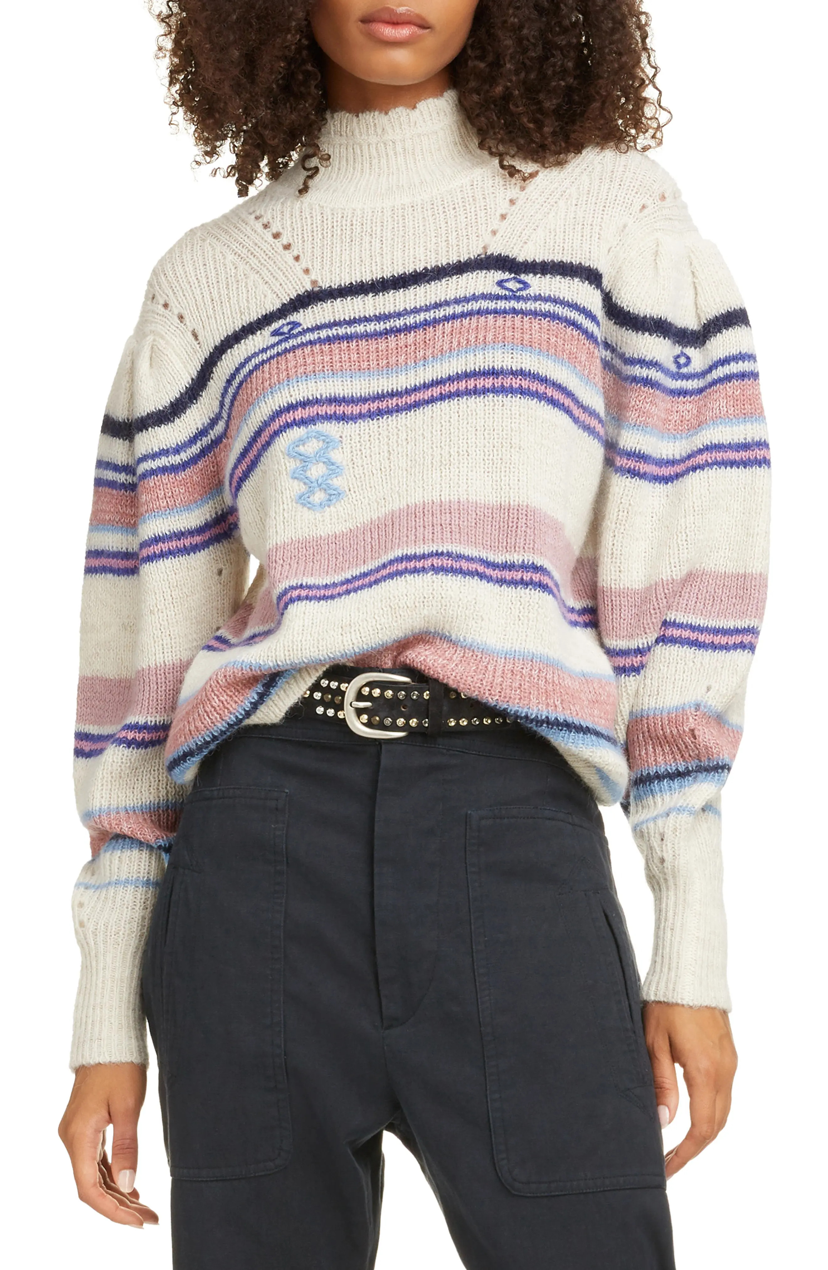 Women's Isabel Marant Etoile Georgie Stripe Balloon Sleeve Sweater, Size 12 US / 44 FR - Pink | Nordstrom