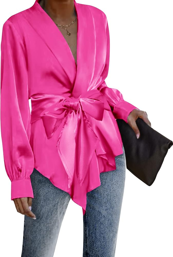 ACEVOG Women's Satin Blouse Wrap Tie Waist or Open Front Shirt Silk Drape Dressy Long Sleeve Top | Amazon (US)