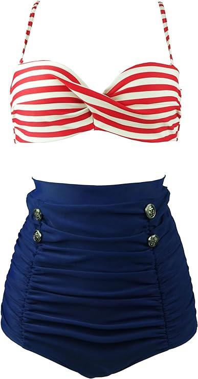 COCOSHIP Retro Polka Dot Twisted Front High Waisted Bikini Set Tie Belt Vintage Ruched Swimsuit(F... | Amazon (US)