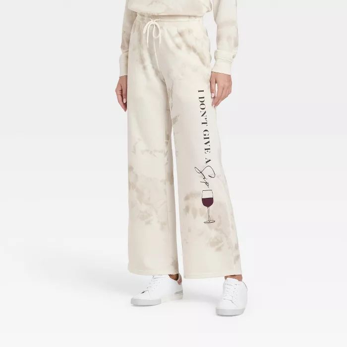 Women's I Don't Give a Sip Wide Leg Graphic Pants - Cream Tie-Dye | Target