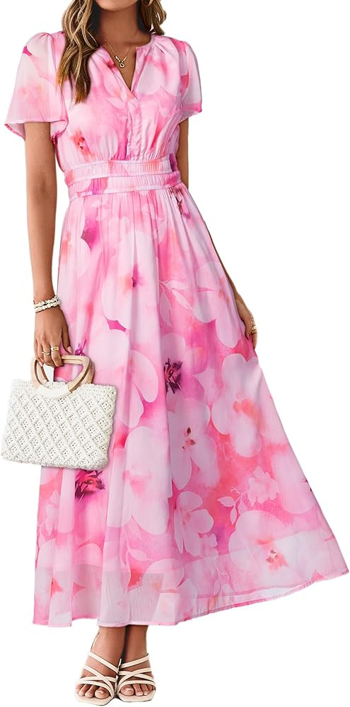 Simplee Women Floral Summer Maxi Dress Boho Flowy Casual Chiffon Short Sleeves V Neck Long Weddin... | Amazon (US)