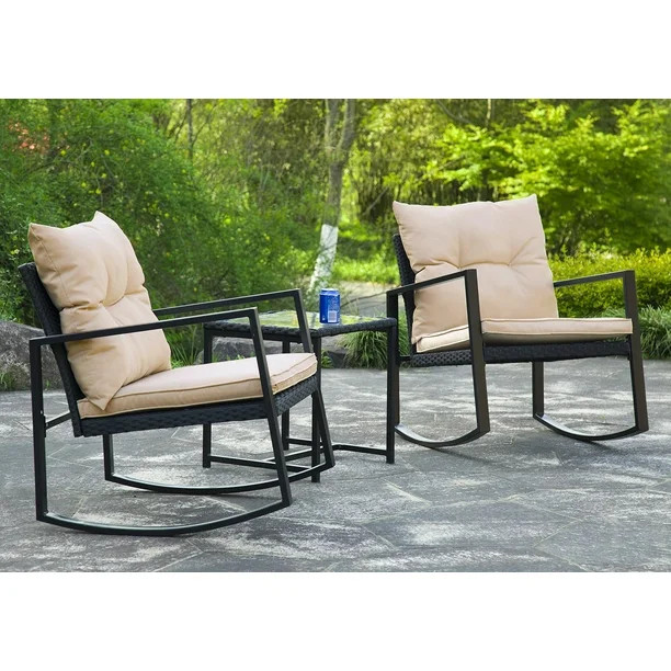 FDW 3 Pieces Wicker Outdoor Set with a High-Quality Tempered Glass Coffee Table, Black | Walmart (US)