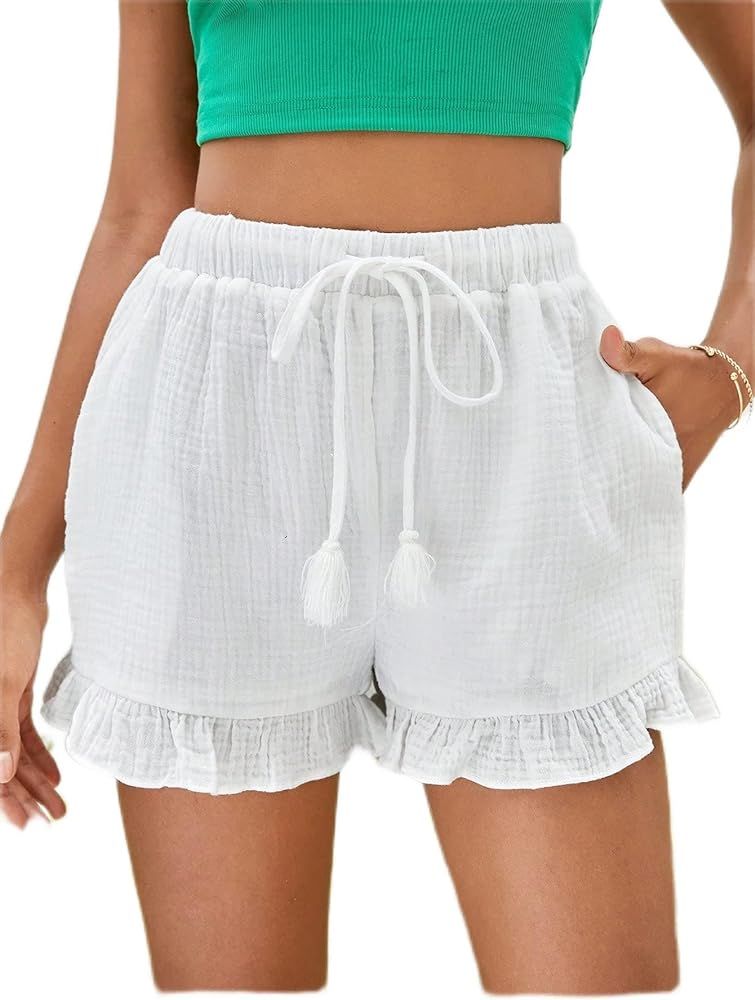 Women's Shorts Tassel Tie Waist Ruffle Hem Shorts Shorts for womenTHAYLA | Amazon (US)