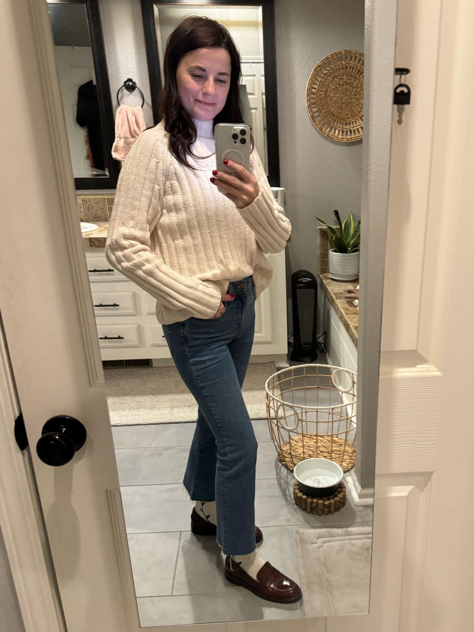 I am obsessed with loafers and pretty crew socks right now and these don’t disappoint!  Sweater is super soft and runs TTS.  Jeans are TTS with very little stretch.  Shoes run TTS for me.

#LTKstyletip #LTKshoecrush #LTKfindsunder50