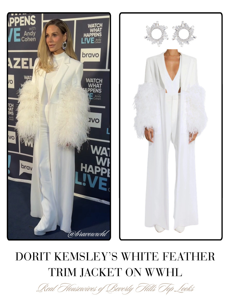 Dorit Kemsley's White Feather Trim Jacket on WWHL is by La Pointe // Shop Similar 📸= @bravowwhl 

 