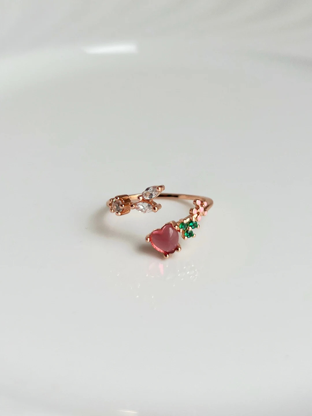 Flower Red Heart Ring, Red Gemstone Ring Rose Gold, Adjustable Ring, 14K Gold Plated, Sweet Heart... | Etsy (US)