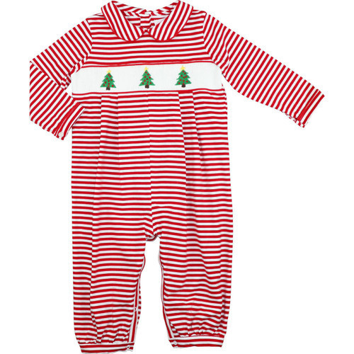 Red Knit Stripe Smocked Christmas Tree Long Romper | Cecil and Lou