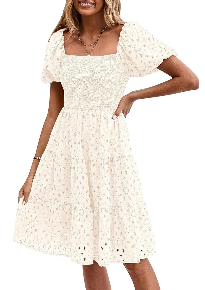 PRETTYGARDEN Womens Summer Puff Sleeve Mini Dress Off Shoulder Eyelet Smocked A Line Casual Babyd... | Amazon (US)
